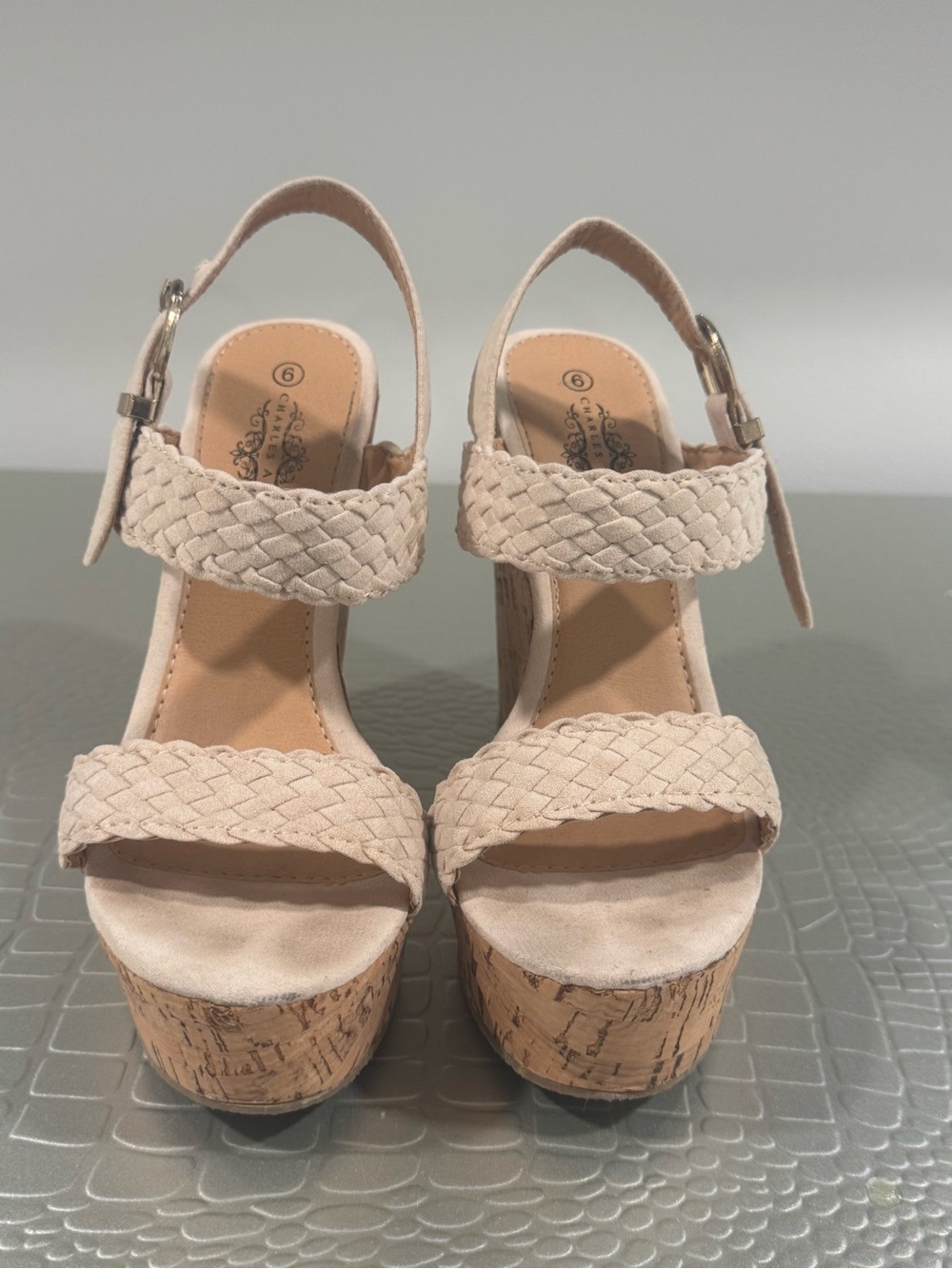 Charles Albert Braided Strap Cork Platform Sandals in Light Beige